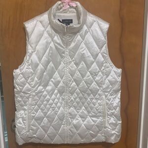 LANDS END Puffer Vest Goose Down Quilted Full Zip Pockets SATIN White Womens XL